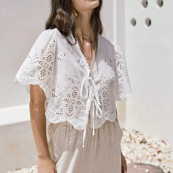 White Boho Women's Summer Ruffle Sleeve Embroidery Fabric Lace Up Short Top - Picture 5 of 6